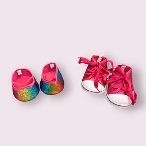 Build-A-Bear Shoes Bundle Pink‎ Glitter Sneakers & Rainbow Slip-On Flats Lot